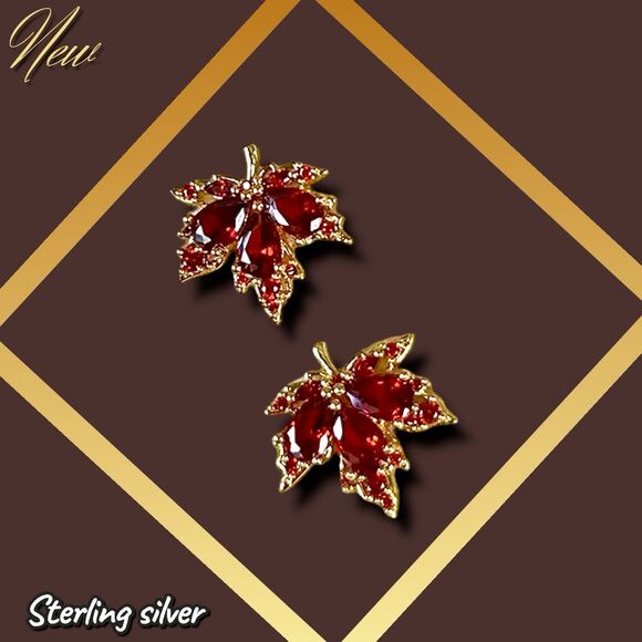 NEW Exclusively Fancy – 925 Sterling Silver Red Maple Leaf Stud Earrings - Picture 3 of 3
